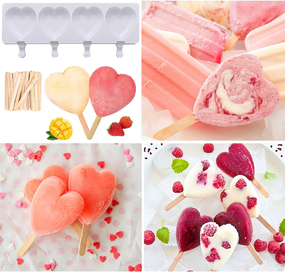 4 Cavity Heart Pattern Ice Cream Mould With 50 Popsicle Stick Set - White