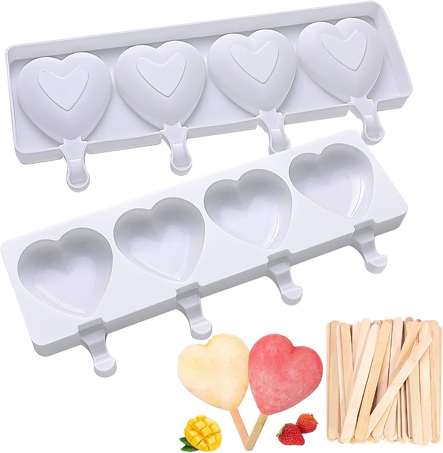 4 Cavity Heart Pattern Ice Cream Mould With 50 Popsicle Stick Set - White