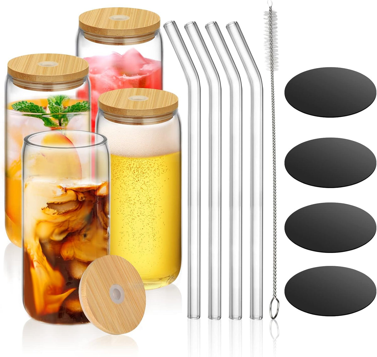 Clear Glass Drinking Can Shape Bottle with Bamboo Lid and Glass Straw - 4 Pack