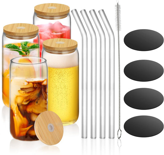 Clear Glass Drinking Can Shape Bottle with Bamboo Lid and Glass Straw - 4 Pack