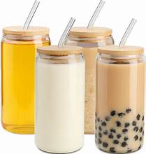 Clear Glass Drinking Can Shape Bottle with Bamboo Lid and Glass Straw - 4 Pack