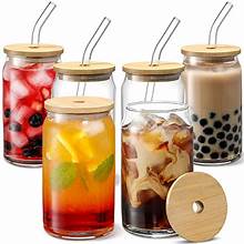 Clear Glass Drinking Can Shape Bottle with Bamboo Lid and Glass Straw - 4 Pack