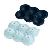 A grey silicone ice tray designed to make 6 large ice balls, with a scale line for water level and transparent material.