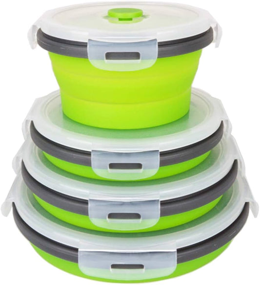 Three nested round collapsible silicone storage containers with white lids and gray silicone seals.