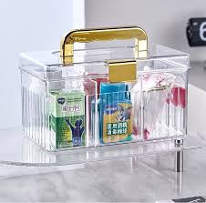 Multi-purpose Storage Box Clear First Aid Kit Box with Lid & Gold Handle