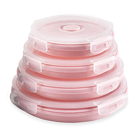 A stack of five round plastic food storage containers with matching lids, shown in a light pink color 