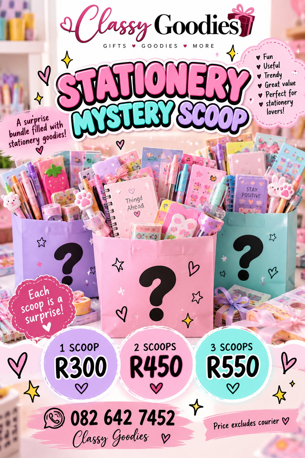 Promotional graphic for a 'Stationery Mystery Scoop' by Classy Goodies, showing three colorful mystery bags filled with various stationery items like notebooks, pens, and markers. The image includes pricing options for 1, 2, and 3 scoops, and promotional text on a pink background.