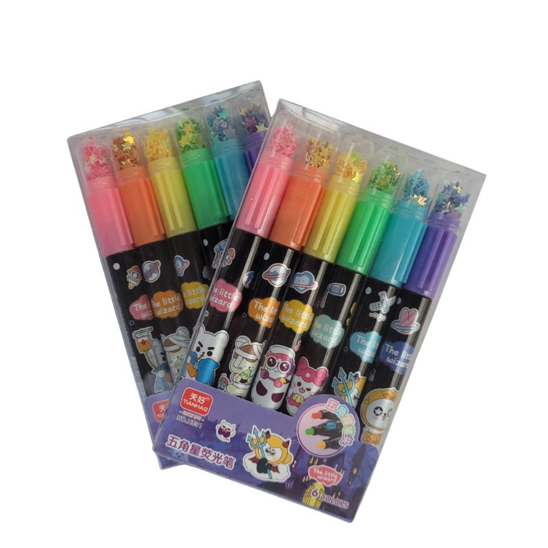 6 Different Color Star Shape Stamp Marker Pen with Star Shape Glitter