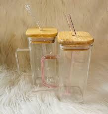 Drinking Glass Mug with Bamboo Lid And Glass Straw - 350ml