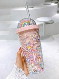 Double Walled Rainbow Plastic Water Cup/Drinking Cup With Straw