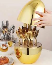 24pcs Cutlery Set with Egg Shaped Holder Gold