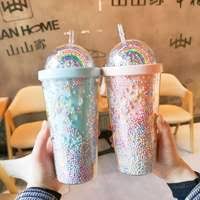 Double Walled Rainbow Plastic Water Cup/Drinking Cup With Straw