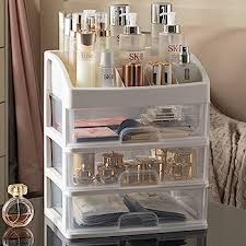 White Clear Makeup Organiser with 3 Drawers & Lipstick Slot Cosmetic Box