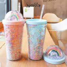 Double Walled Rainbow Plastic Water Cup/Drinking Cup With Straw