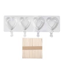 4 Cavity Heart Pattern Ice Cream Mould With 50 Popsicle Stick Set - White