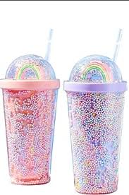 Double Walled Rainbow Plastic Water Cup/Drinking Cup With Straw