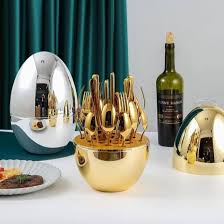 24pcs Cutlery Set with Egg Shaped Holder Gold