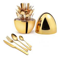 24pcs Cutlery Set with Egg Shaped Holder Gold