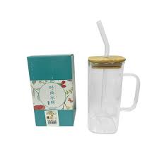 Drinking Glass Mug with Bamboo Lid And Glass Straw - 350ml