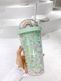 Double Walled Rainbow Plastic Water Cup/Drinking Cup With Straw