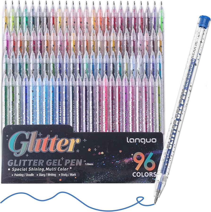 Languo Glitter Gel Pen set of 96 colors, featuring a pack of 96 gel pens with glitter-filled barrels and a single blue pen shown next to the packaging on a white background.