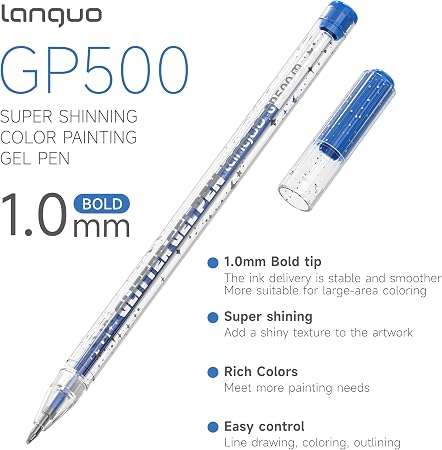 Languo GP500 1.0mm bold gel pen in clear and blue, shown with its cap off and accompanied by descriptive text highlighting its features.