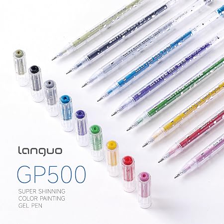 Languo GP500 super shiny color painting gel pens arranged diagonally on a white background, with their colored caps shown alongside and product text on the lower left.