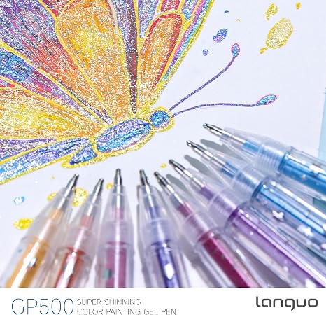 A set of Langua GP500 glitter color painting gel pens shown in the foreground with a colorful glitter butterfly drawing on white paper in the background.