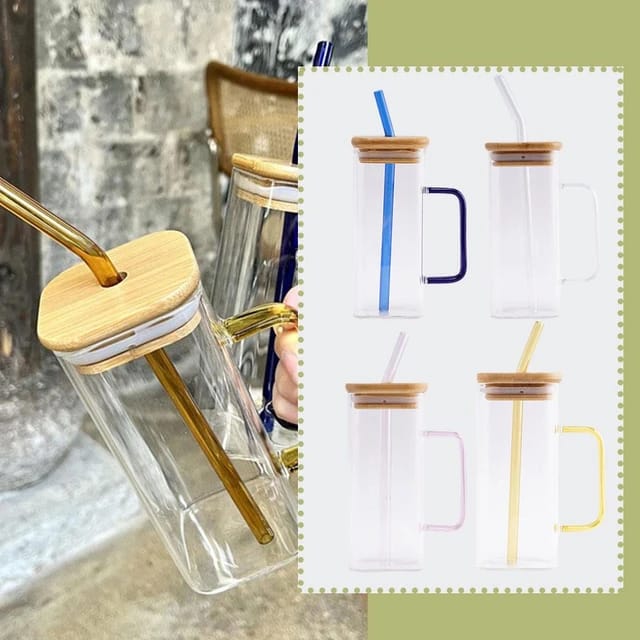 Square Glass Cups with straw