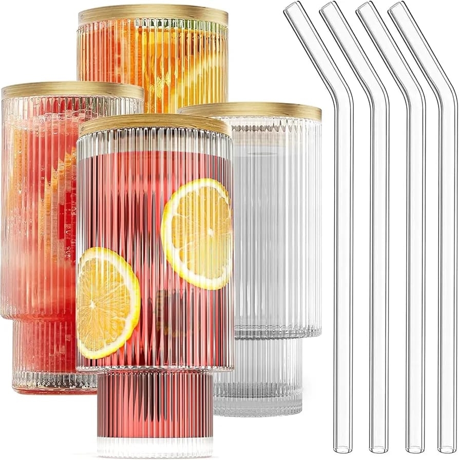 Ribbed Glass Cups with straw