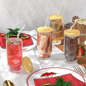 Ribbed Glass Cups with straw