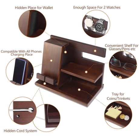 Desktop Wood Phone Docking Station Key Holder Watch Organizer