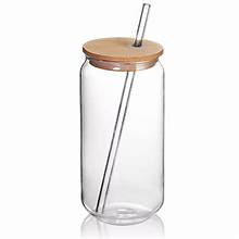 Clear Glass Drinking Can Shape Bottle with Bambo Lid and Glass Straw - 4 Pack